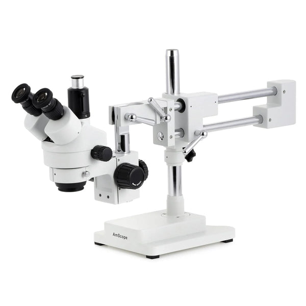 Microscopio estereoscópico trinocular con zoom Serie SM-4 AmScope 7X - 45X aumentos en soporte de brazo vertical doble