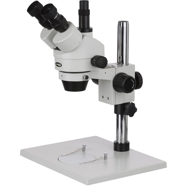 Microscopio estereoscópico trinocular con zoom Serie SM-1 AmScope 7X-45X de aumento en soporte de columna con placa base extragrande