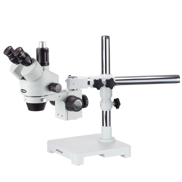 Microscopio estereoscópico trinocular con zoom serie SM-3T de AmScope con aumento 7X-45X y soporte de brazo articulado único